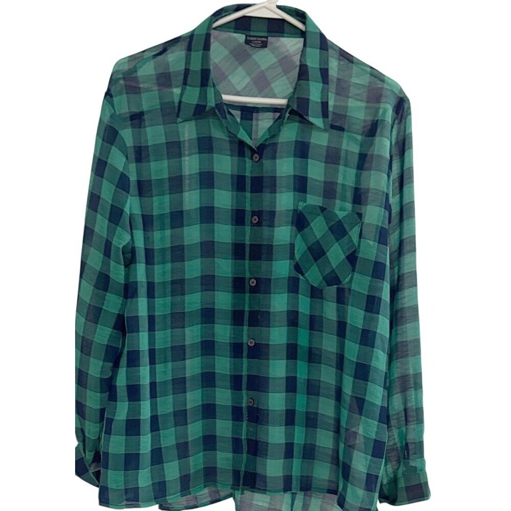 Faded Glory Womens Green Navy Plaid Sheer Button Up Blouse Long Sleeve